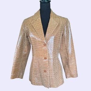 Dialogue Tan Embossed Crocodile Leather Button Front Blazer, Jacket, Small